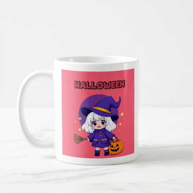 Halloween Kawaii Witch Mug – White Hair Broom 11oz Kaffemugg (Vänster)