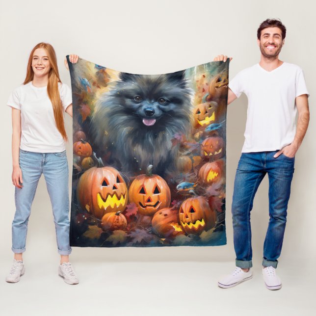 Halloween Keeshond med pumpor Scary Fleecefilt (På plats)