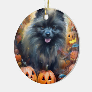 Halloween Keeshond Med Pumpor Skräckinjagande Julgransprydnad Keramik