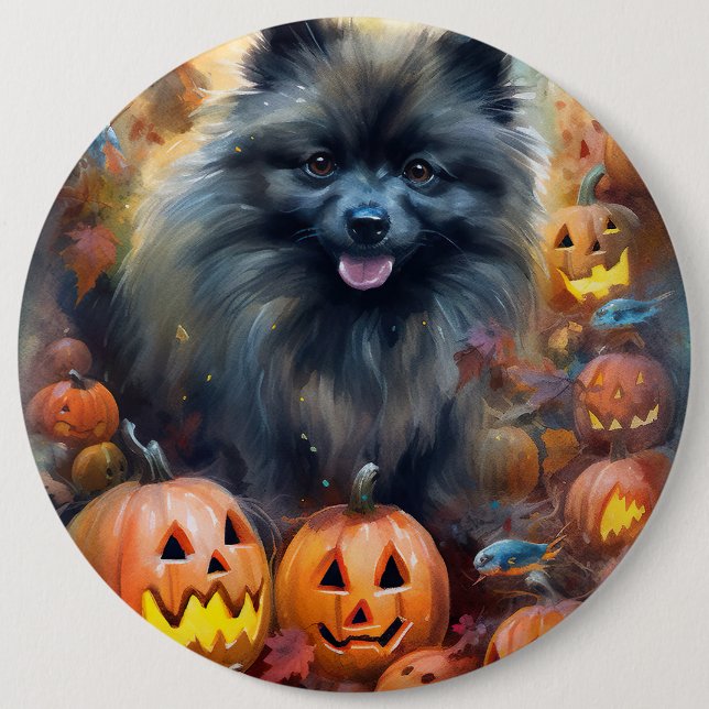 Halloween Keeshond Med Pumpor Skräckinjagande Knapp (Framsida)