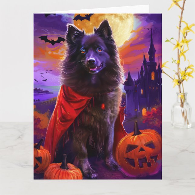 Halloween Keeshond Vampyr Pumpor Skräck Kort (Gul blomma)