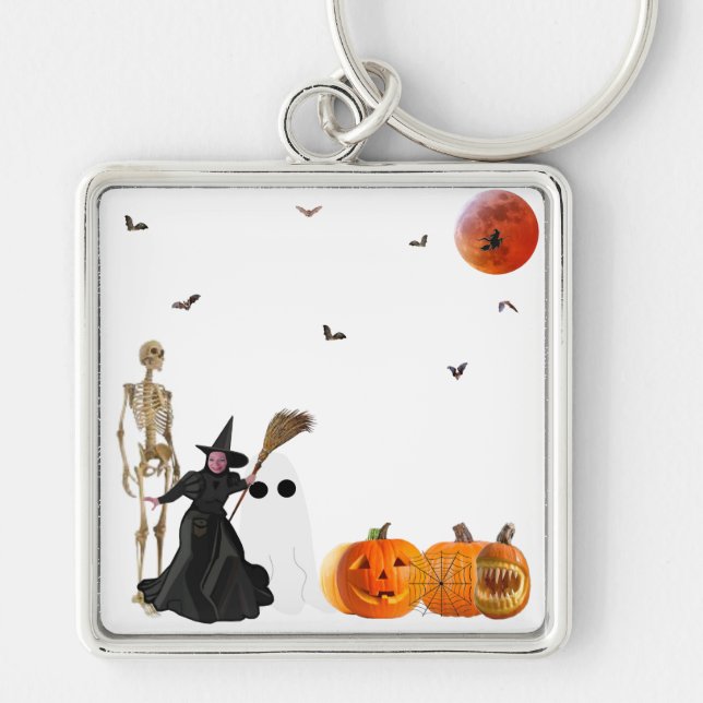Halloween Keychain Fyrkantig Silverfärgad Nyckelring (Framsidan)