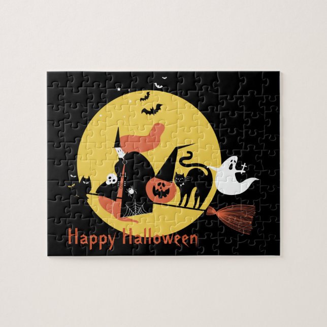 Halloween Kids Black Scary Tecknad Måne Witch Cute Pussel (Horisontell)