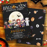 Halloween Kids Costume Födelsedagsfest Inbjudningar<br><div class="desc">Halloween Kids Costume-Födelsedagsfest design. Att kalla alla små monster, häxor och själar! Det är dags att kalla Halloween för en firande som är söt, rolig och fylld med finare klänningsljus. Vår moderna och spooktaculära inbjudan är perfekten till en Halloween-födelsedagsfest som lämnar alla förhäxade! Inbjudan innehåller en förhäxningsblandning av svart och...</div>
