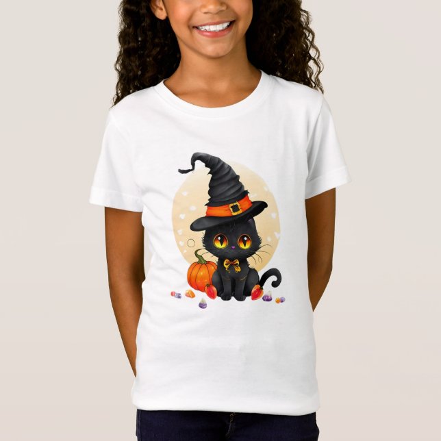 Halloween Kids Cute Black Cat T Shirt (Framsida)