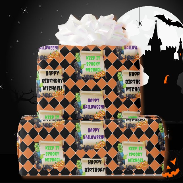 Halloween Kids Namn Frankenstein Birthday Anpassni Presentpapper (Skapare uppladdad)