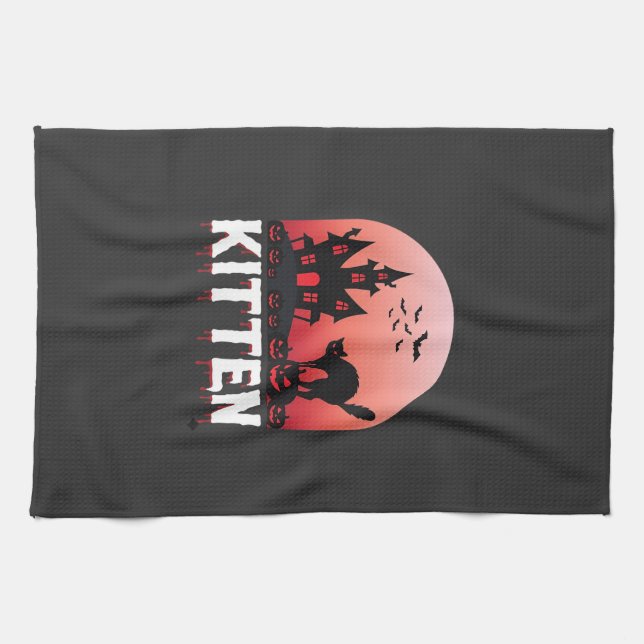 Halloween Kittel Hemsökt Hus Katt Design_1 Kökshandduk (Horisontell)