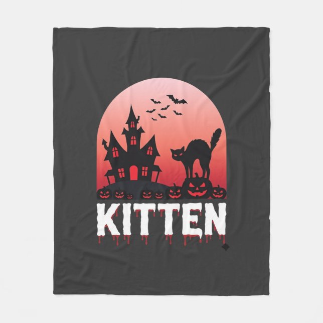 Halloween Kittel Spökhus Katt Design_1 Fleecefilt (Framsidan)