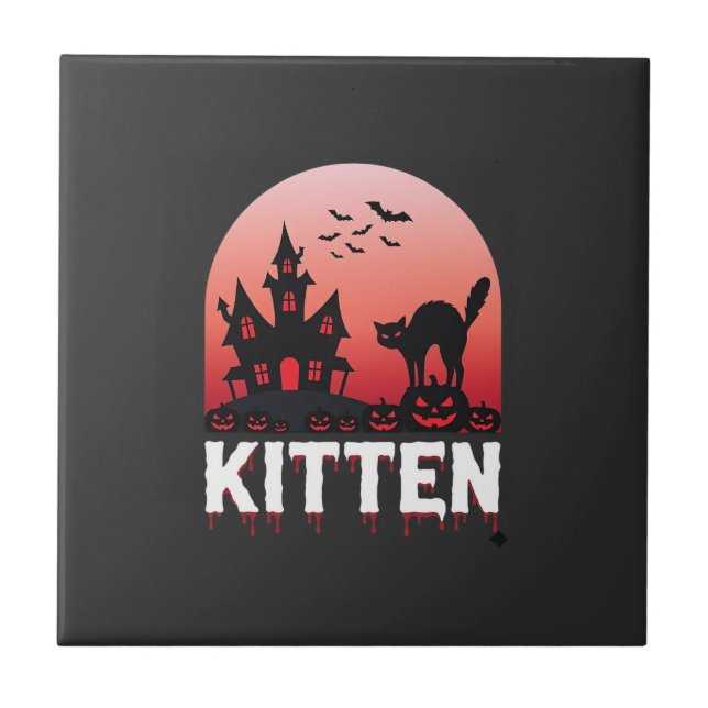 Halloween Kittel Spökhus Katt Design_1 Kakelplatta (Framsidan)