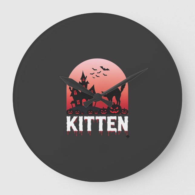Halloween Kittel Spökhus Katt Design_1 Stor Klocka (Framsida)