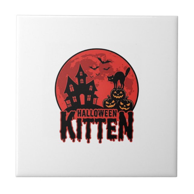 Halloween Kittel Spökhus Katt Grafisk_1 Kakelplatta (Framsidan)