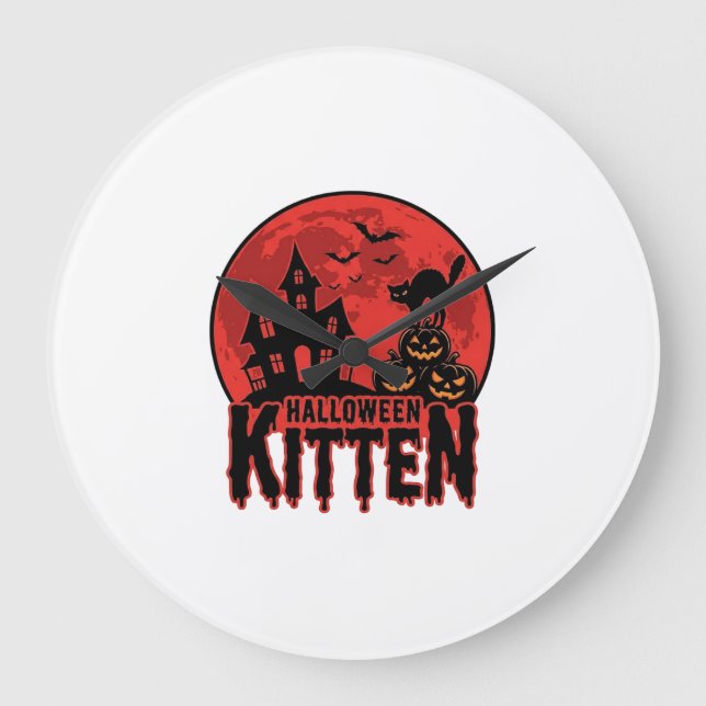 Halloween Kittel Spökhus Katt Grafisk_1 Stor Klocka (Framsida)