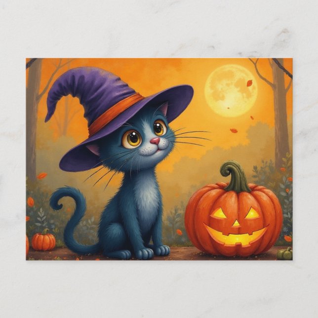 Halloween Kitten och Jack O'Lantern Helg Vykort (Framsida)