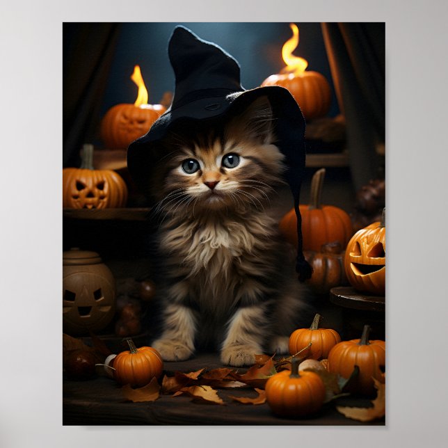 Halloween Kitten Witch med Löv och påsar Poster (Framsidan)