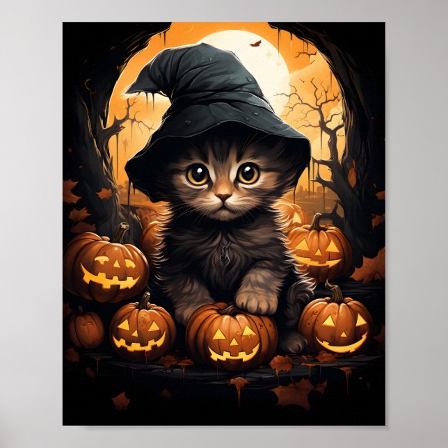 Halloween Kitten Witch med Löv och påsar Poster (Framsidan)
