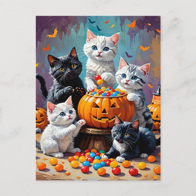 Halloween Kittens och Pumpkin Candy Bowl Vykort (Framsida)