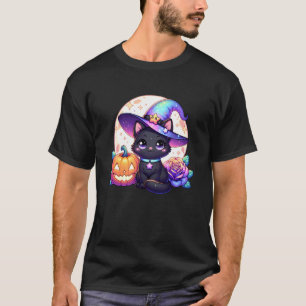 Halloween Kitty Katt Häxa Hatt Pumpa Jack o Lykta T Shirt
