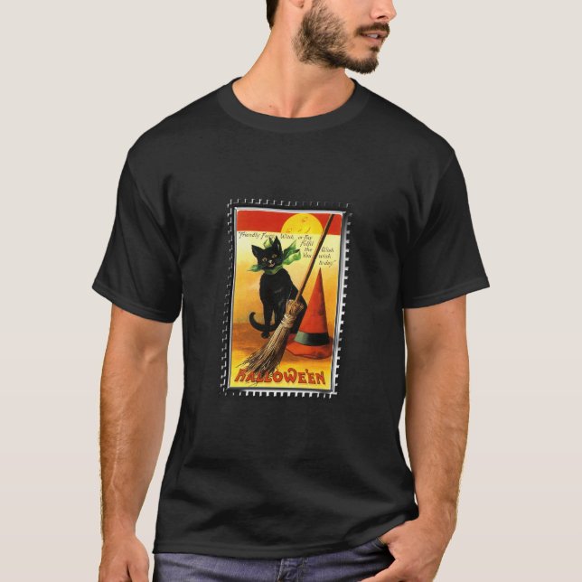 Halloween Kitty sittande häxhatt T Shirt (Framsida)