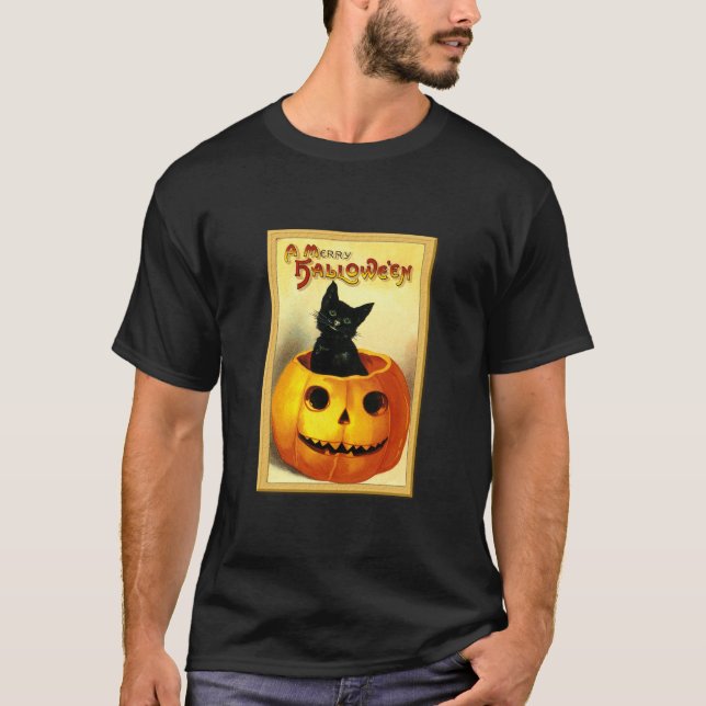 Halloween Kitty sittande i Jack O Lantern T Shirt (Framsida)