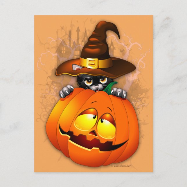 Halloween Kitty Witch and Pumpkin Friend Postcard Vykort (Framsida)