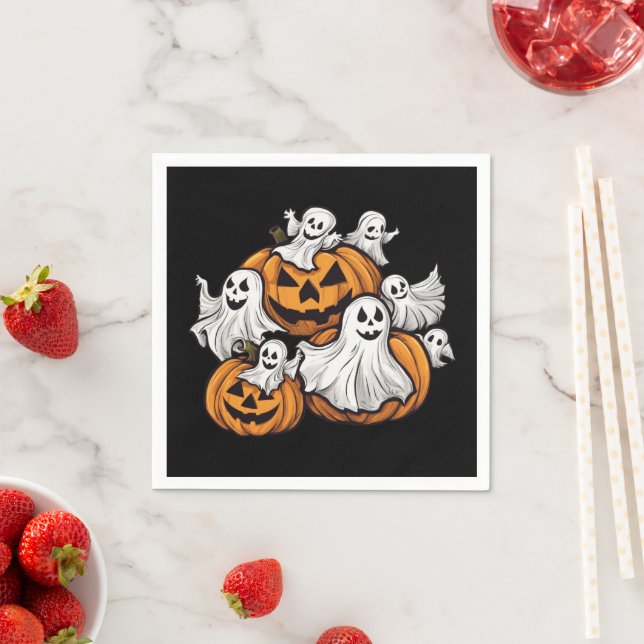 Halloween: Kleine Geister mit Kürbissen -  Pappersservett (Insitu)