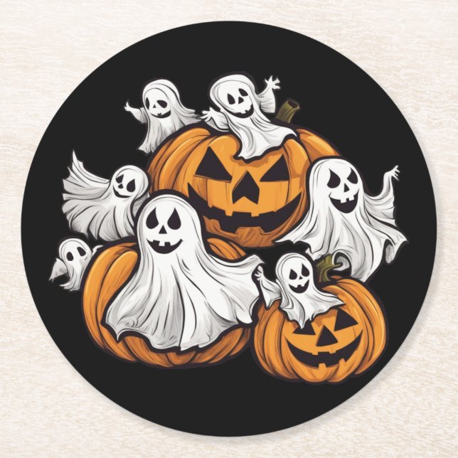 Halloween: Kleine Geister mit Kürbissen -  Underlägg Papper Rund (Framsidan)