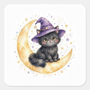 Halloween-klistermärke med svart katt och häxiga m fyrkantigt klistermärke
