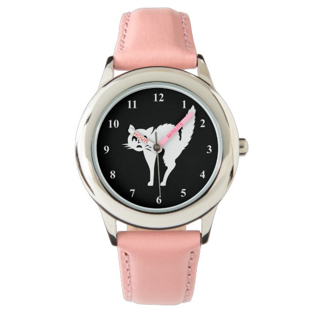 Halloween-klocka för flickor | Skrämt kattdesign Armbandsur (Framsida)