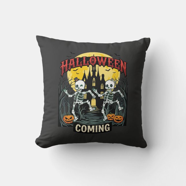 Halloween Kommande Dansande Skelett Slott Pumpa Kudde (Framsida)