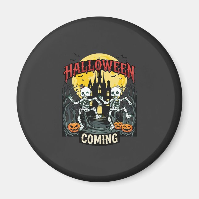 Halloween Kommande Dansande Skelett Slott Pumpa Magnet (Framsidan)