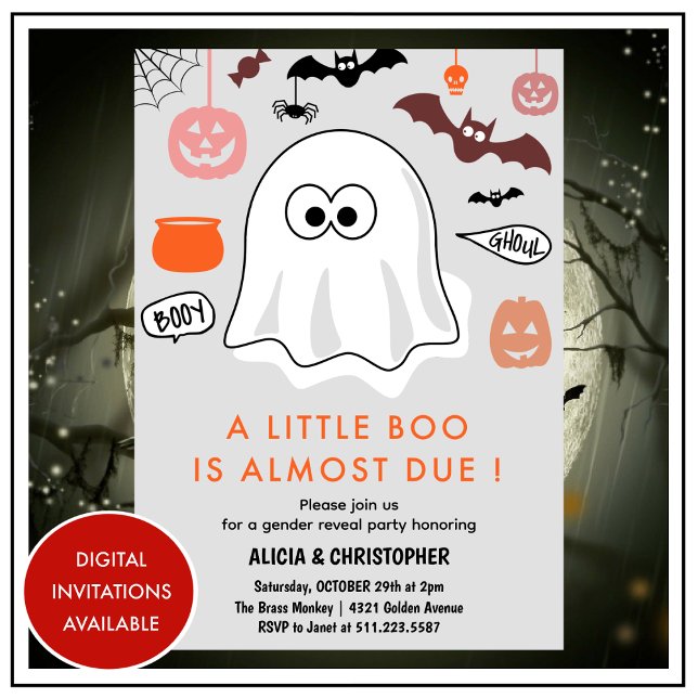 Halloween Könsreveleinbjudan Söt Spöke Inbjudningar (Halloween-Gender-reveal-invitation-Cute-Ghost-1)