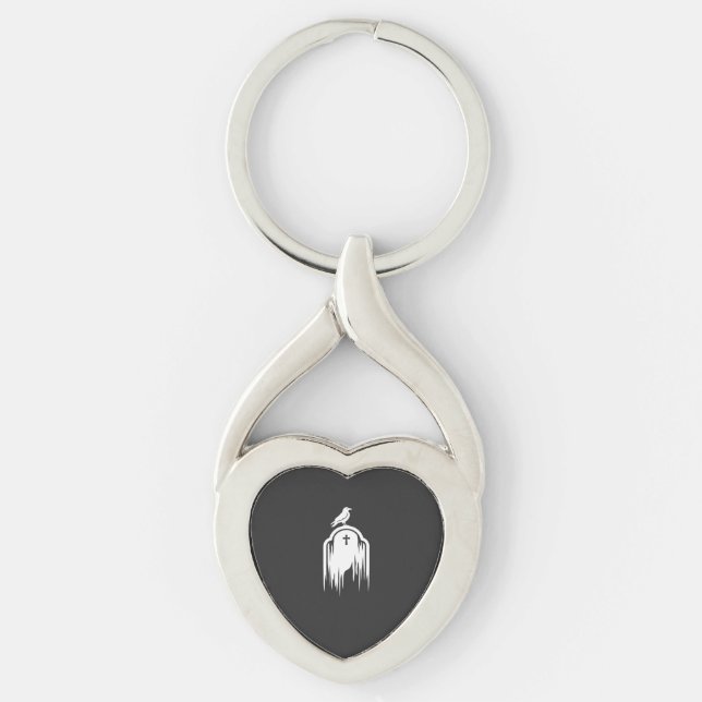 Halloween Korp Gravsten Silhuett Design Twisted Heart Silverfärgad Nyckelring (Framsidan)