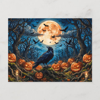 Halloween-korpen, pumpor och fullmåne vykort