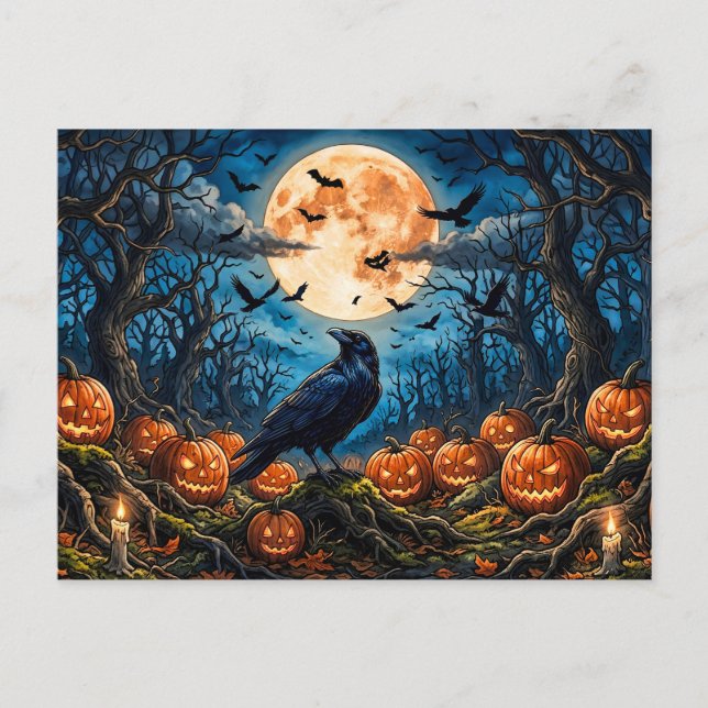 Halloween-korpen, pumpor och fullmåne  vykort (Framsida)