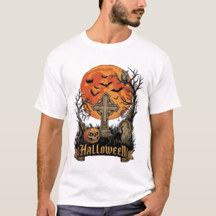 Halloween Kors Gravsten Skalle Pumpa Svart Katt T Shirt