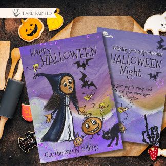 Halloween-kort med fantasiväxande häxa, pumpa och julkort