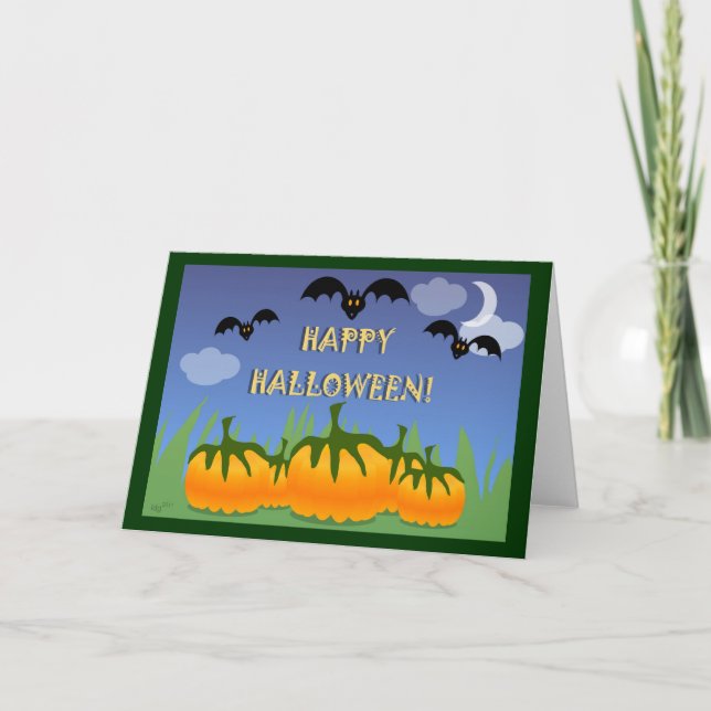 Halloween-kort med fladdermöss på pumpafält kort (Framsida)