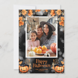 Halloween-kort med fototrädgård och pumpa julkort