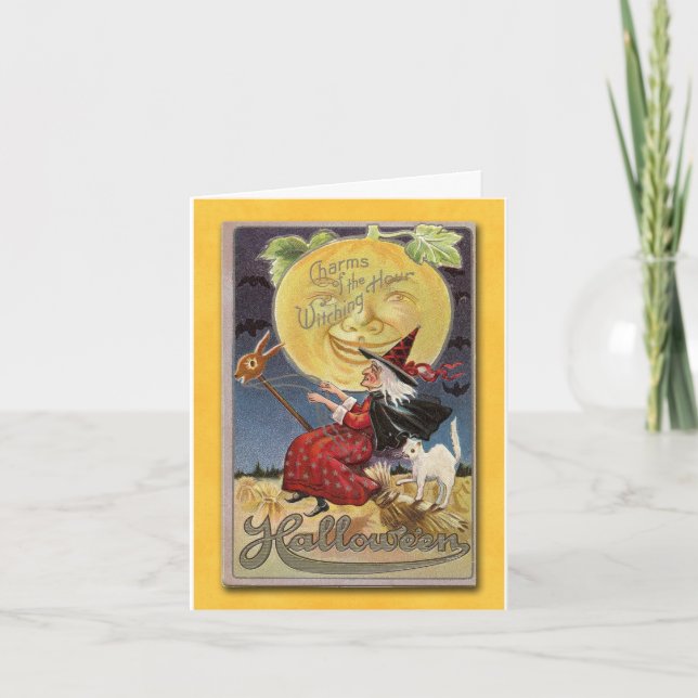 Halloween-kort med gammal flygande häxa helgkort (Framsida)