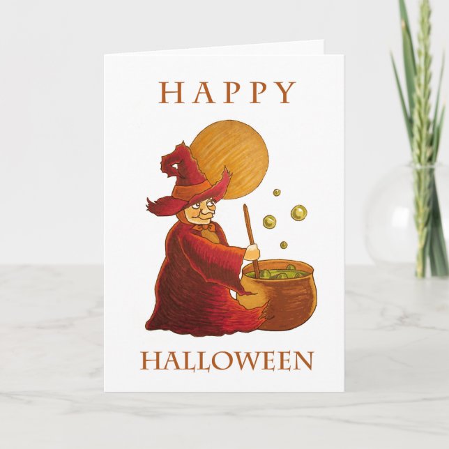 Halloween-kort med häxa och gryta kort (Framsida)