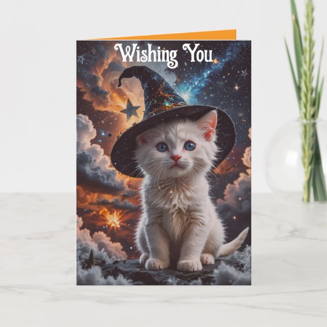 Halloween-kort med kattunge i häxhatt kort (Framsida)