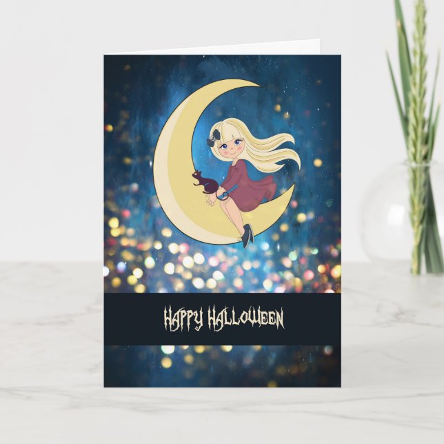 Halloween-kort med Söt Witch & Cat for Child Kort (Framsida)