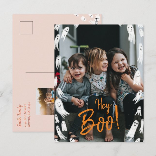 Halloween-kort med spökbild - Hey Boo Vykort (Fram/baksida)