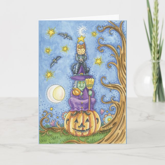 Halloween-kort med totem Witch, cat och uggla sitt Kort (Framsida)