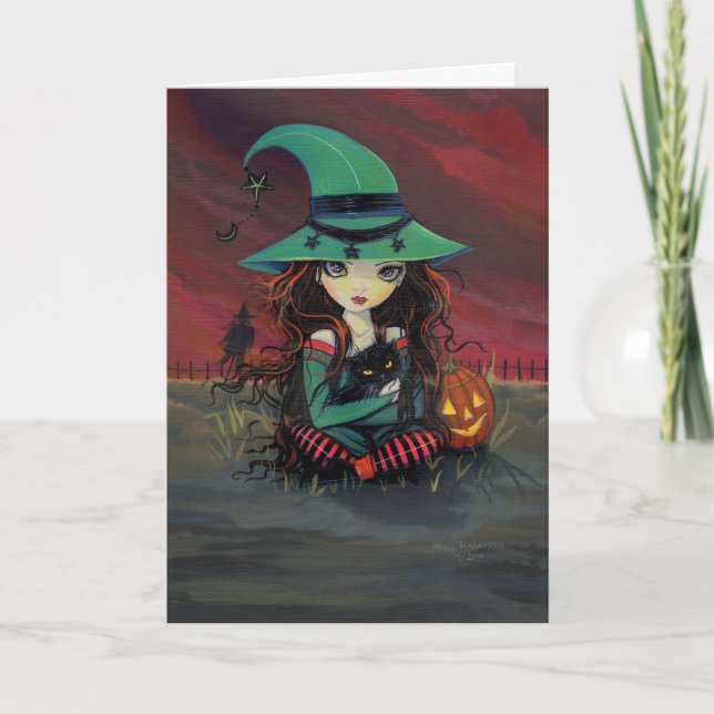 Halloween-kort Söt Häxa och Svart Katt Kort (Framsida)