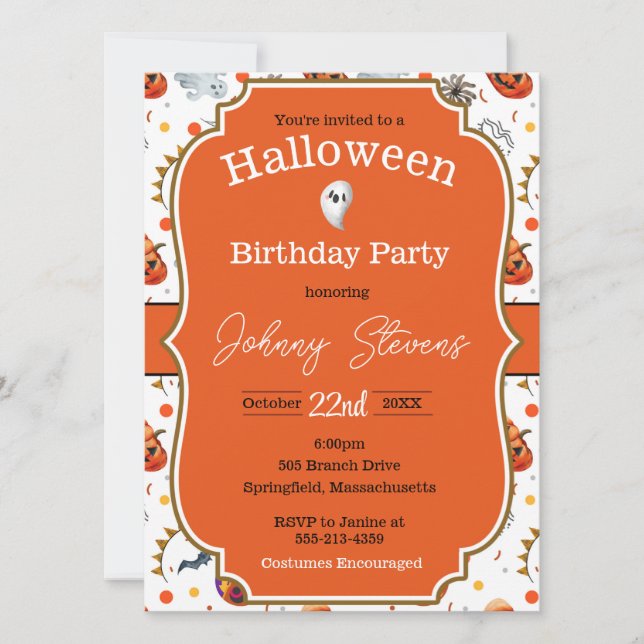Halloween kostym födelsedagsfest inbjudan (Framsida)