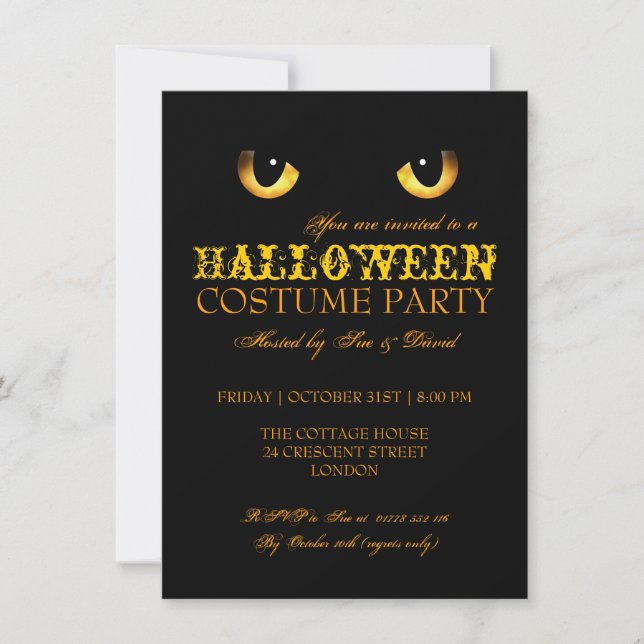 Halloween Kostymfest Svart Katt Gul Inbjudningar (Framsida)