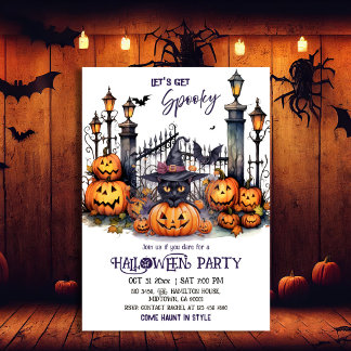 Halloween Kostymfest Svart Katt Häxa Hatt skrämman Inbjudningar