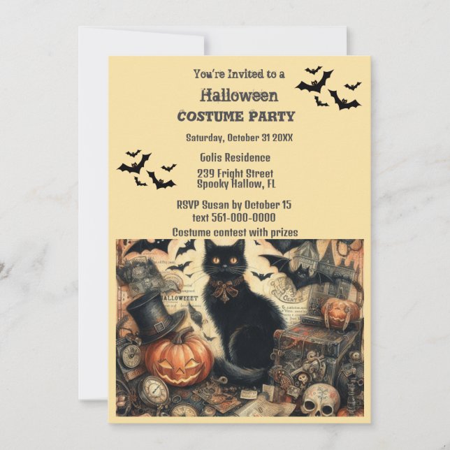 Halloween Kostymfest Vintage Svart Katt  Inbjudningar (Framsida)