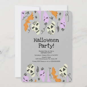 Halloween-kostymsparty spökskalle doodles grå inbjudningar